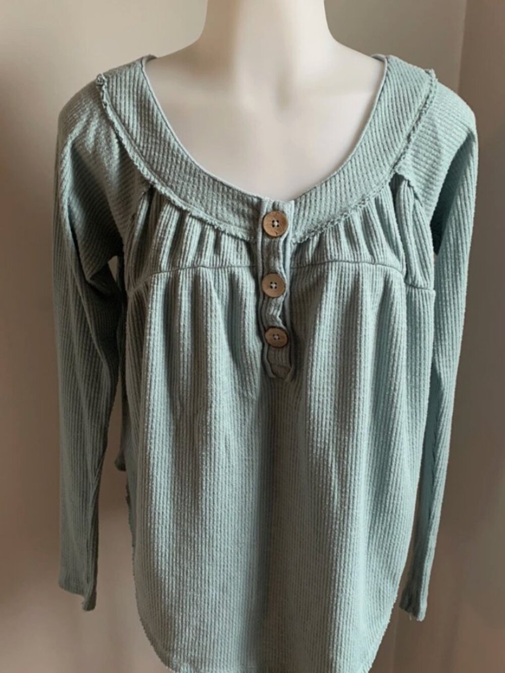 Free People We The Free Pullover Henley Top Green Waffle Knit Long Sleeve, M
